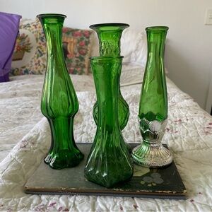 Vintage Green Glass Vase Bundle of 4 Avon Hossier Glass USA